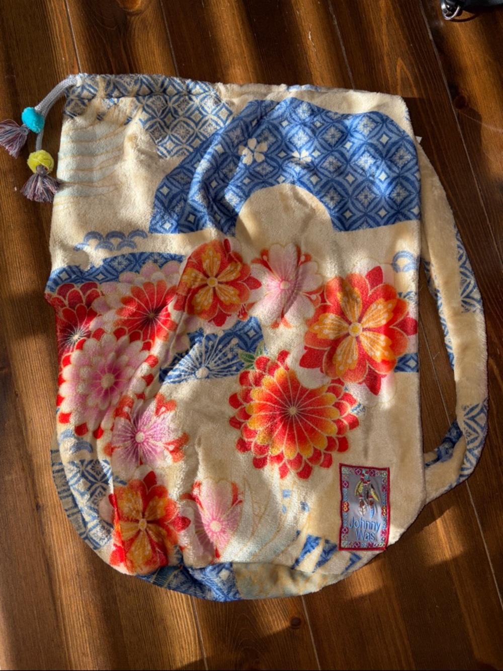 Johnny Was Cream Plush Drawstring Bag with Red, Pink & Blue Floral Print